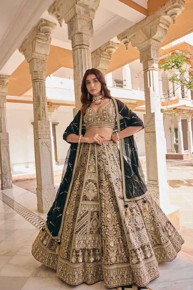 Black and Antique Gold Embroidered Designer Lehenga Choli with Elegant Dupatta