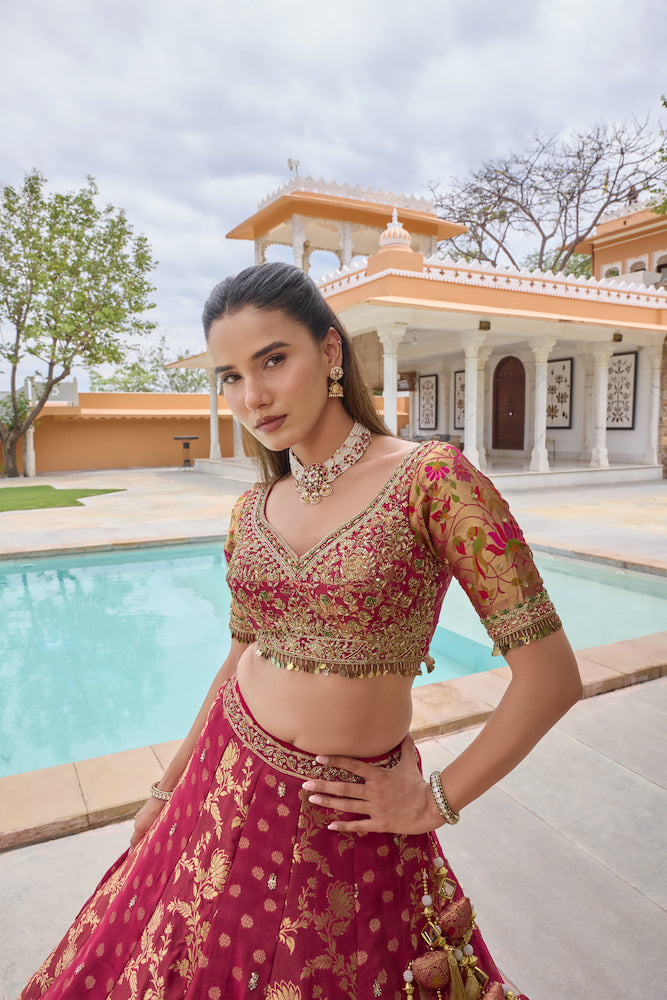 Maroon Pink Embroidered Lehenga Choli with Golden Floral Motifs and Designer Dupatta