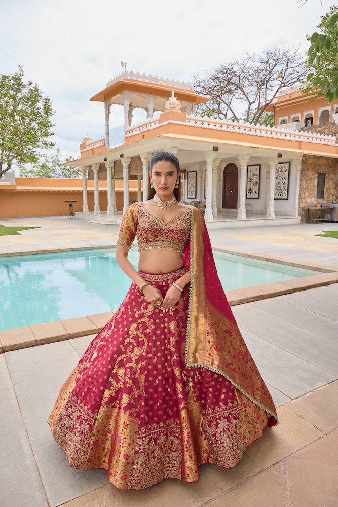 Maroon Pink Embroidered Lehenga Choli with Golden Floral Motifs and Designer Dupatta