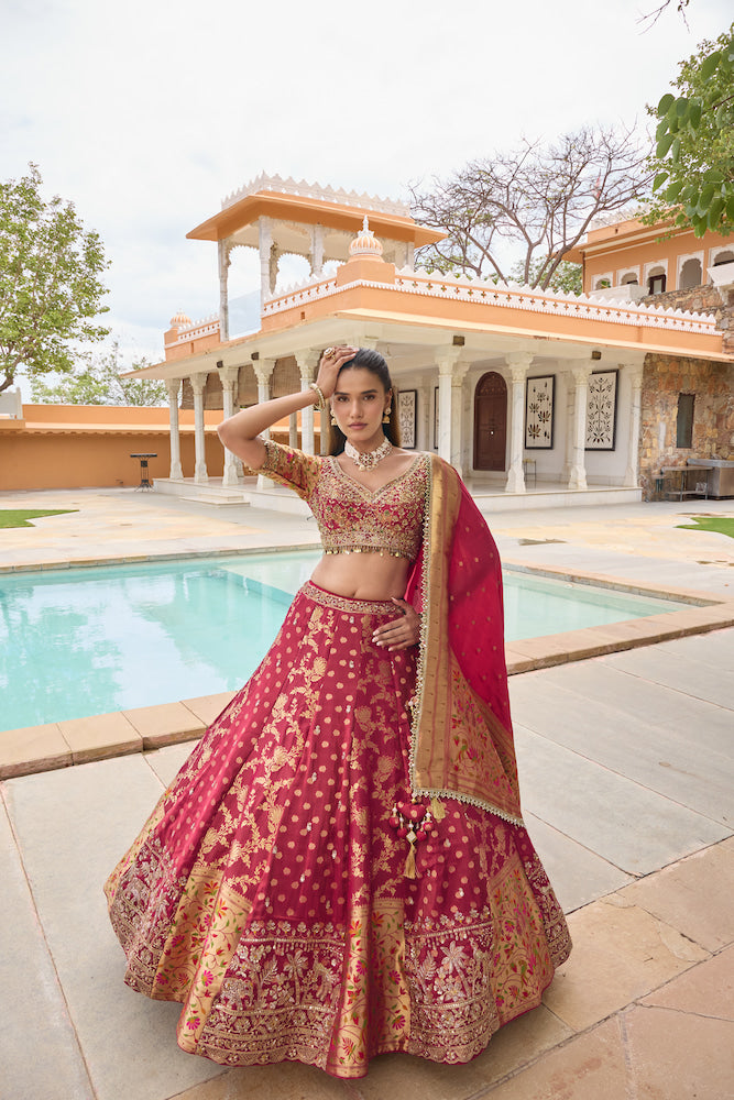 Maroon Pink Embroidered Lehenga Choli with Golden Floral Motifs and Designer Dupatta