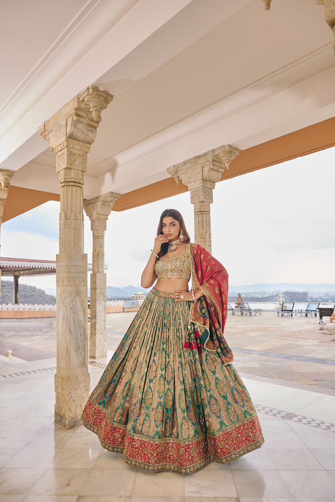 Teal Green and Red Embroidered Lehenga Choli with Antique Gold Floral Work