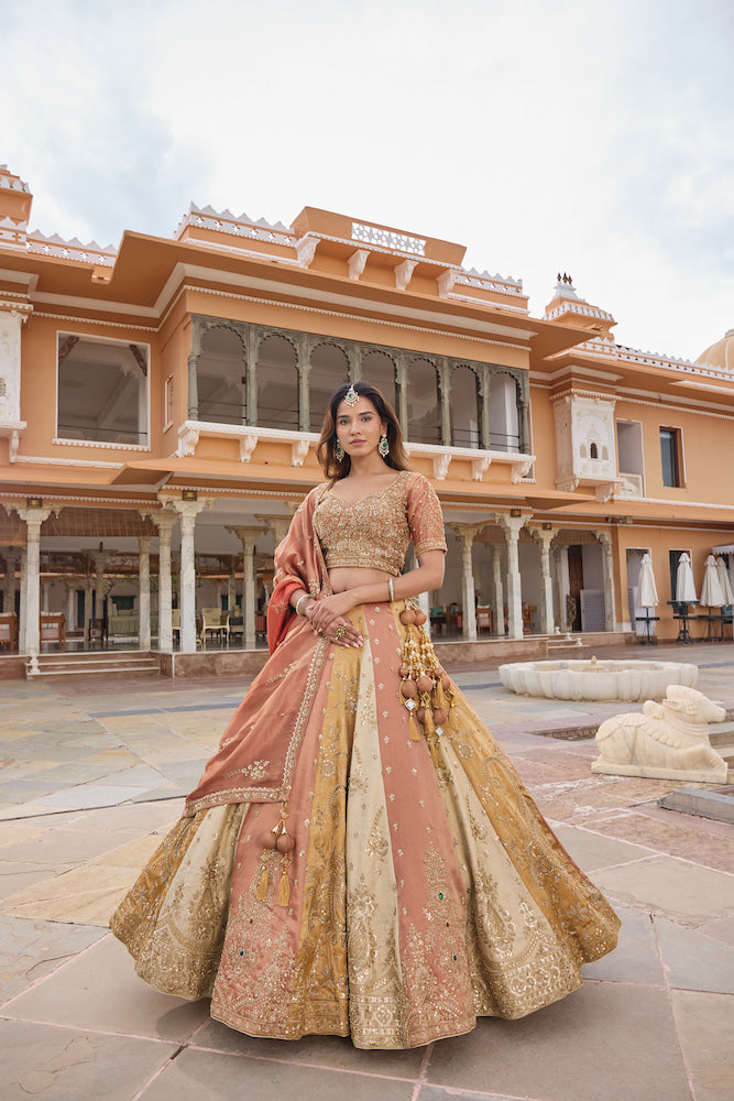Peach Pink and Golden Beige Designer Lehenga Choli with Intricate Embroidery