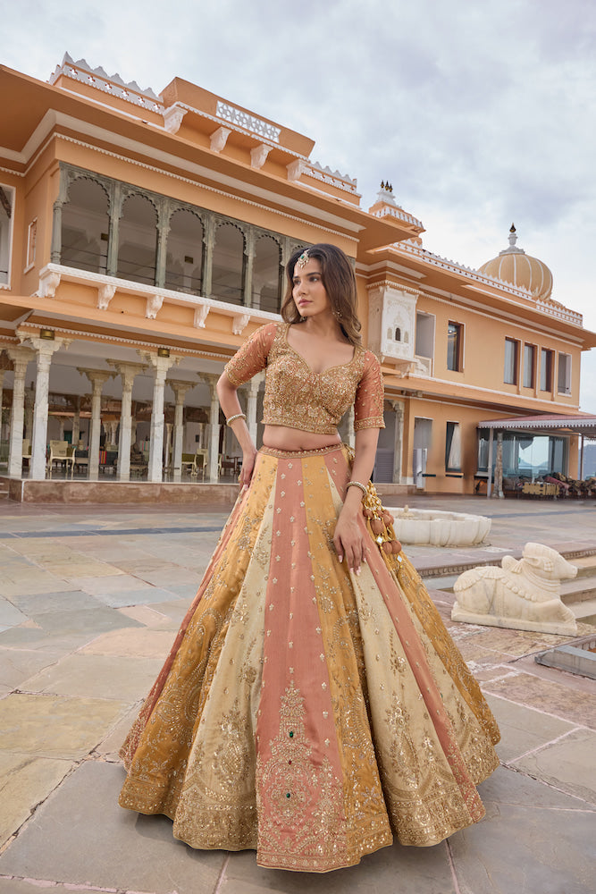 Peach Pink and Golden Beige Designer Lehenga Choli with Intricate Embroidery
