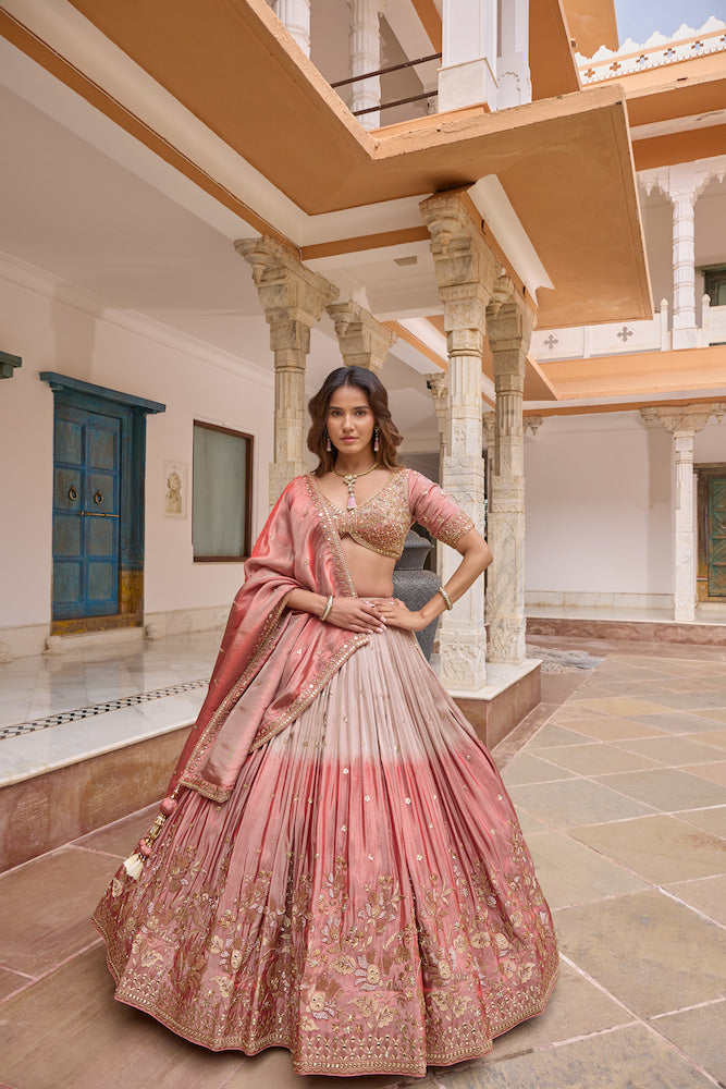 Dusty Pink Lehenga Choli with Golden Floral Embroidery and Matching Dupatta