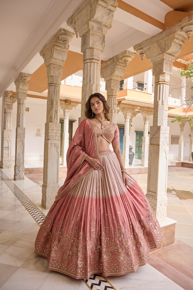 Dusty Pink Lehenga Choli with Golden Floral Embroidery and Matching Dupatta