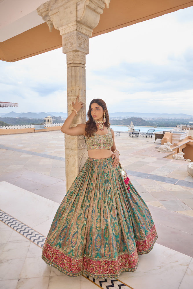 Teal Green and Red Embroidered Lehenga Choli with Antique Gold Floral Work