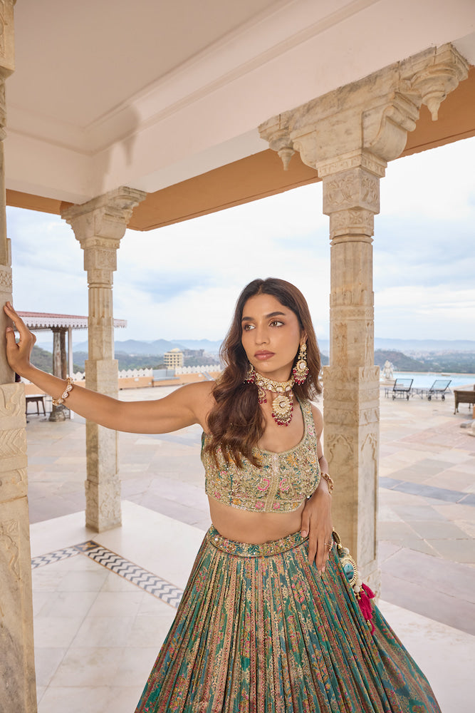 Teal Green and Red Embroidered Lehenga Choli with Antique Gold Floral Work