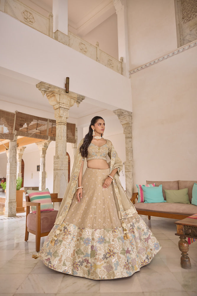 Champagne Beige Designer Lehenga Choli with Multicolour Floral Embellished Border