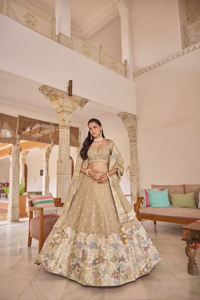 Champagne Beige Designer Lehenga Choli with Multicolour Floral Embellished Border