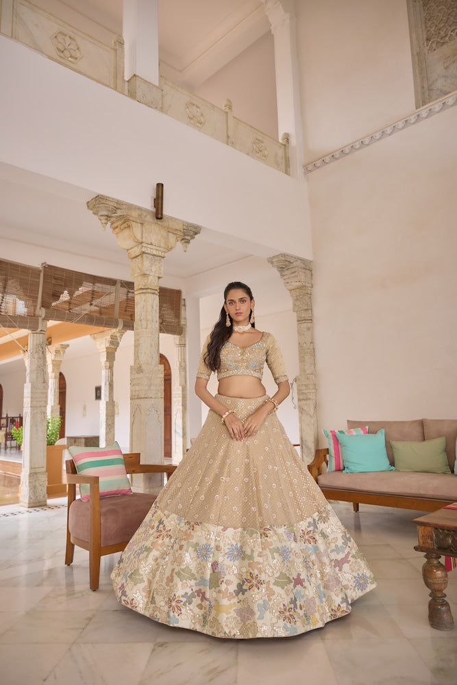 Champagne Beige Designer Lehenga Choli with Multicolour Floral Embellished Border