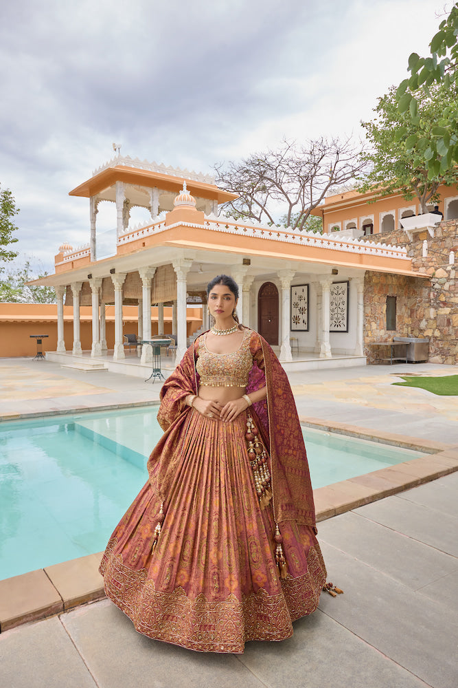 Rust Orange and Antique Gold Designer Lehenga Choli with Intricate Traditional