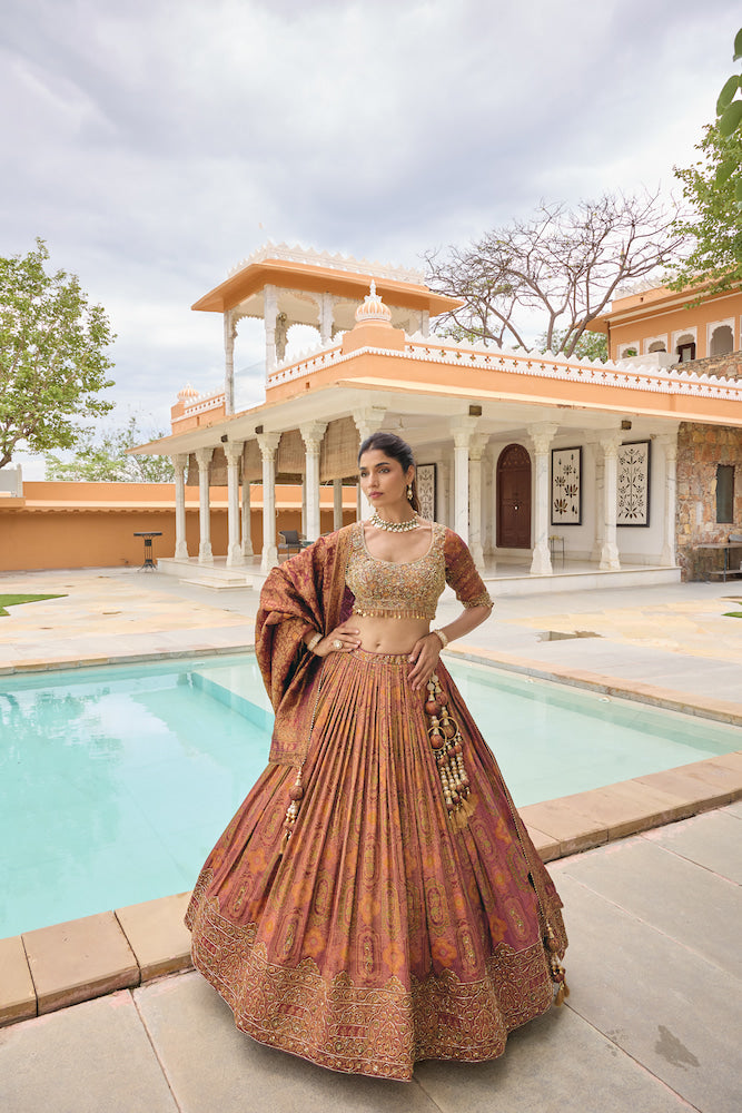 Rust Orange and Antique Gold Designer Lehenga Choli with Intricate Traditional