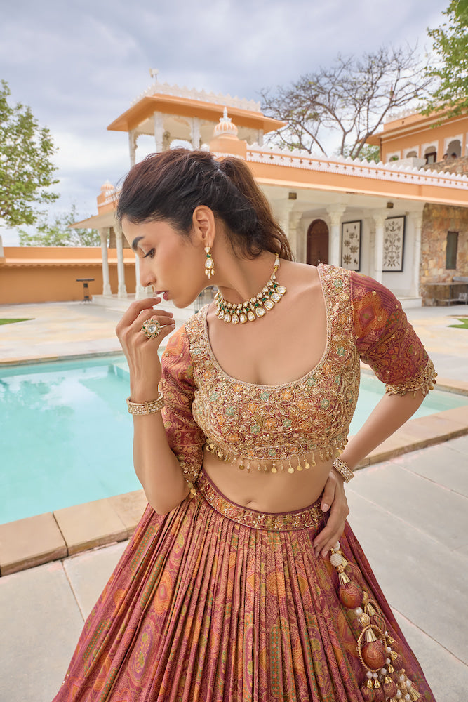 Rust Orange and Antique Gold Designer Lehenga Choli with Intricate Traditional