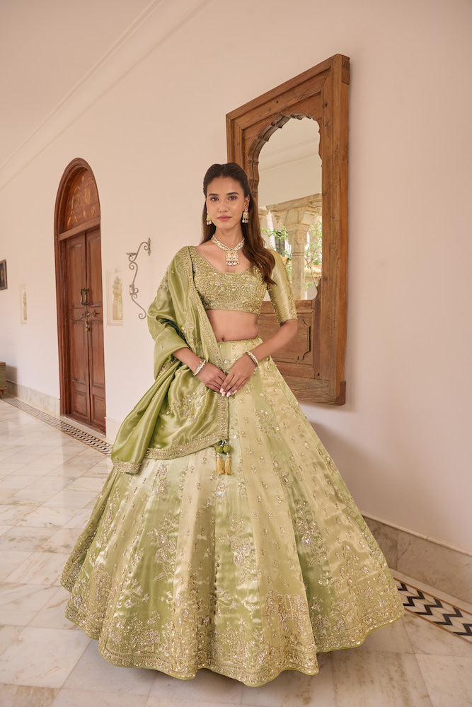 Sage Green Lehenga Choli with Golden Embroidery and Elegant Dupatta