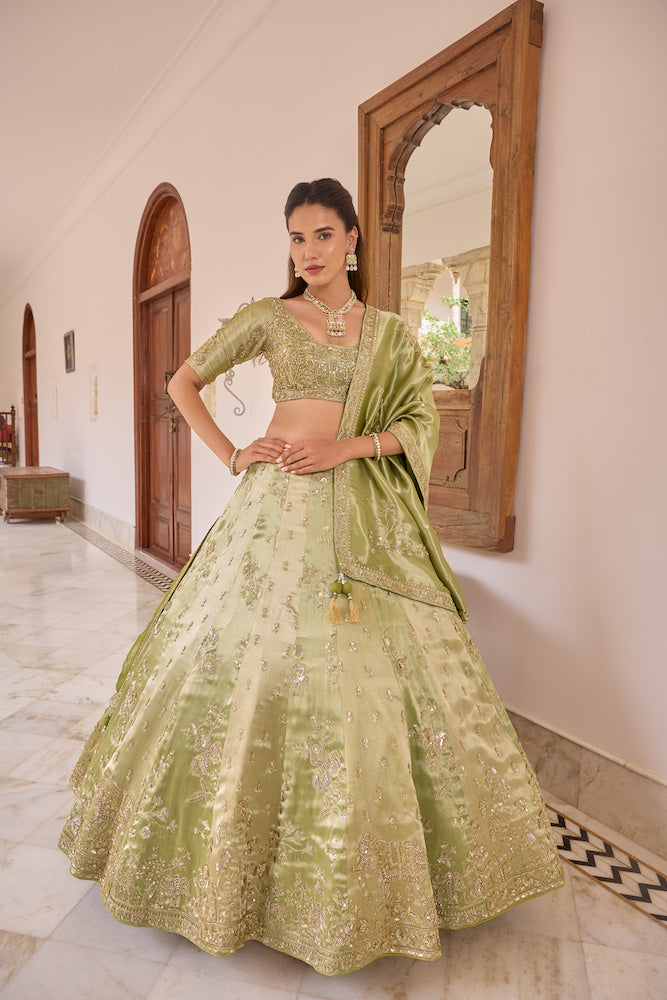 Sage Green Lehenga Choli with Golden Embroidery and Elegant Dupatta