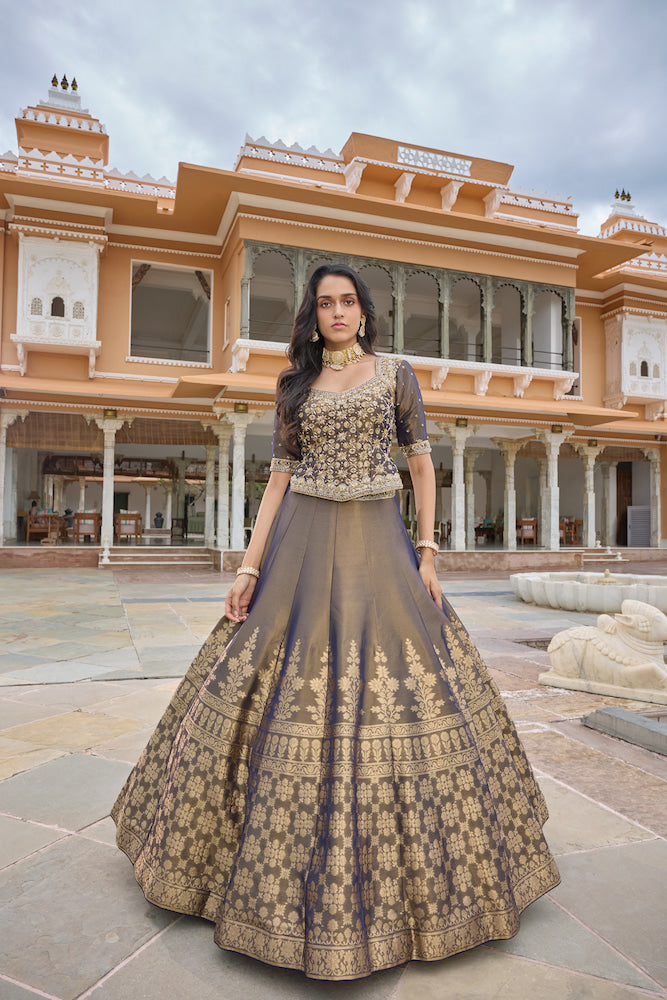 Slate Blue Designer Lehenga Choli with Antique Gold Floral Embroidery