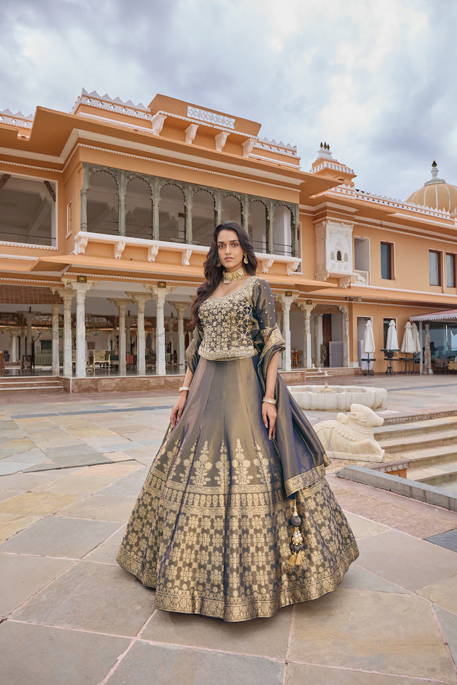 Slate Blue Designer Lehenga Choli with Antique Gold Floral Embroidery