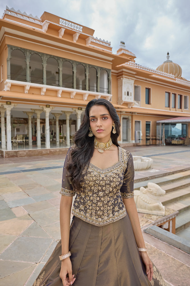 Slate Blue Designer Lehenga Choli with Antique Gold Floral Embroidery