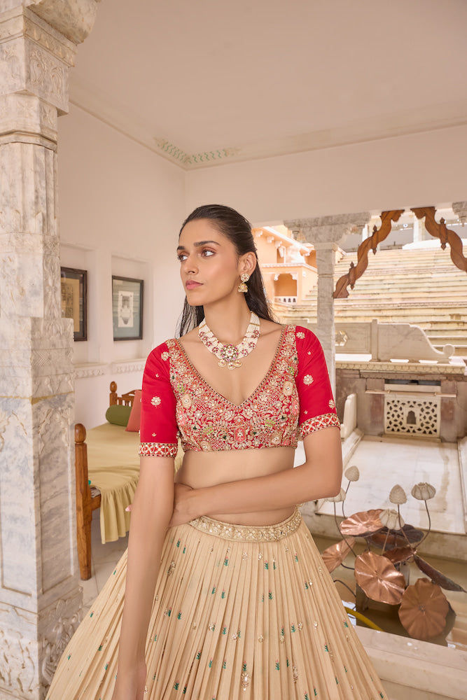Beige Lehenga Choli with Red Dupatta and Multicolour Embroidered Border