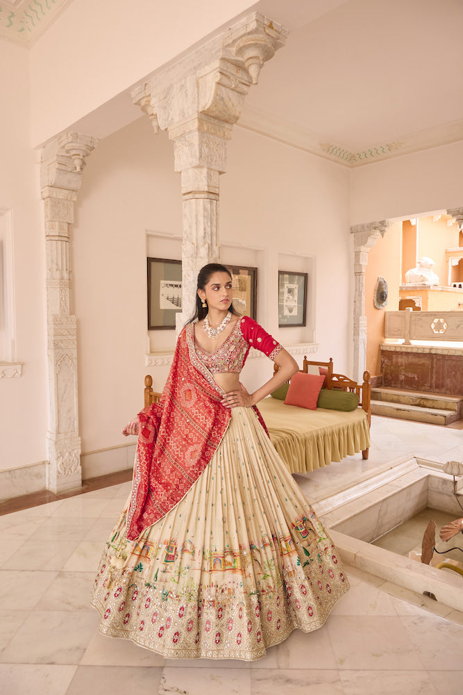 Beige Lehenga Choli with Red Dupatta and Multicolour Embroidered Border
