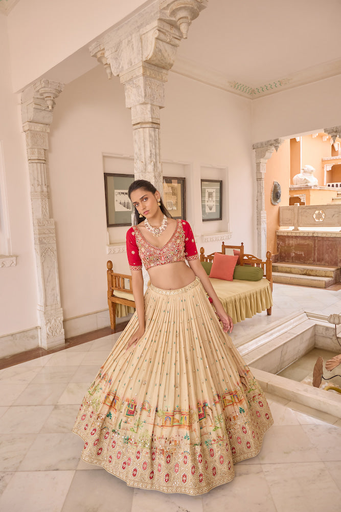 Beige Lehenga Choli with Red Dupatta and Multicolour Embroidered Border