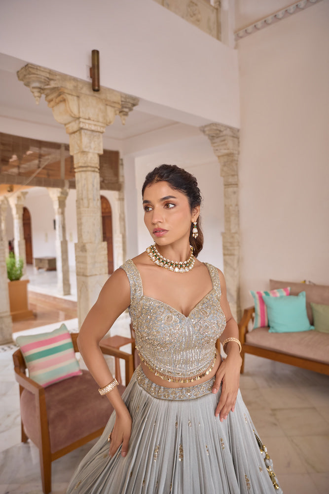 Silver Grey Lehenga Choli with Intricate Sequin Embroidery and Ornate Border