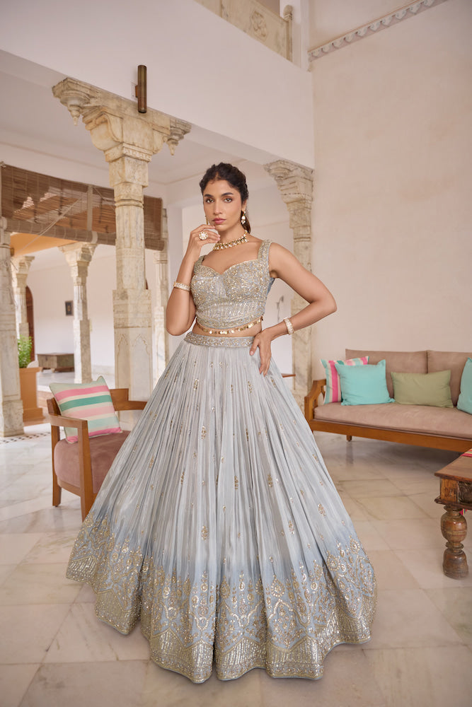 Silver Grey Lehenga Choli with Intricate Sequin Embroidery and Ornate Border