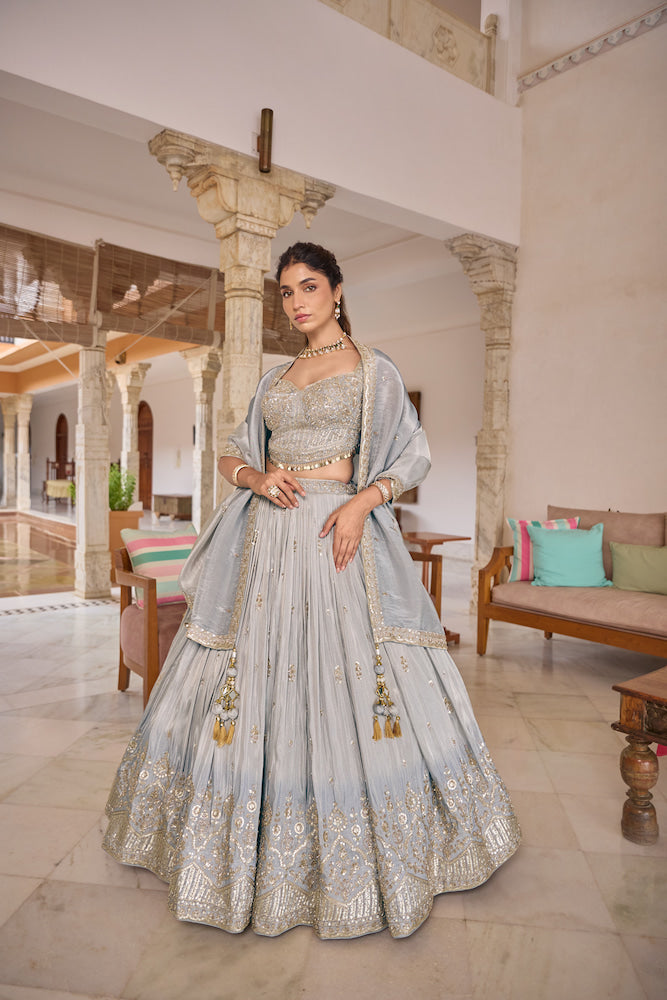 Silver Grey Lehenga Choli with Intricate Sequin Embroidery and Ornate Border