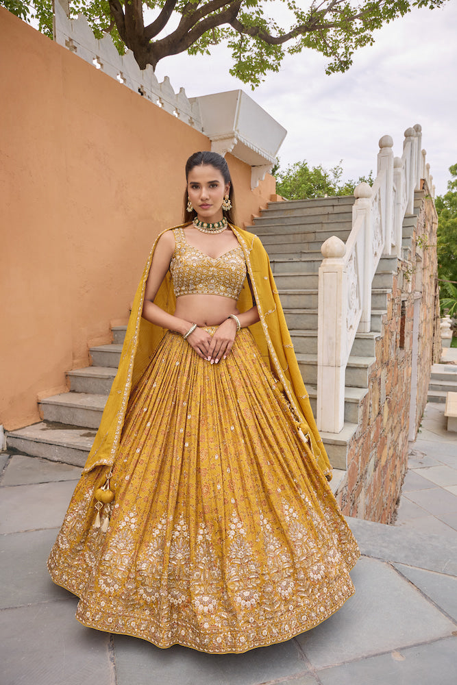 Mustard Yellow Lehenga Choli with Golden Floral Embroidery and Matching Dupatta
