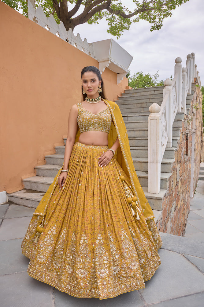 Mustard Yellow Lehenga Choli with Golden Floral Embroidery and Matching Dupatta