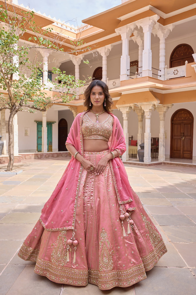Blush Pink Lehenga Choli with Antique Gold Embroidery and Matching Dupatta