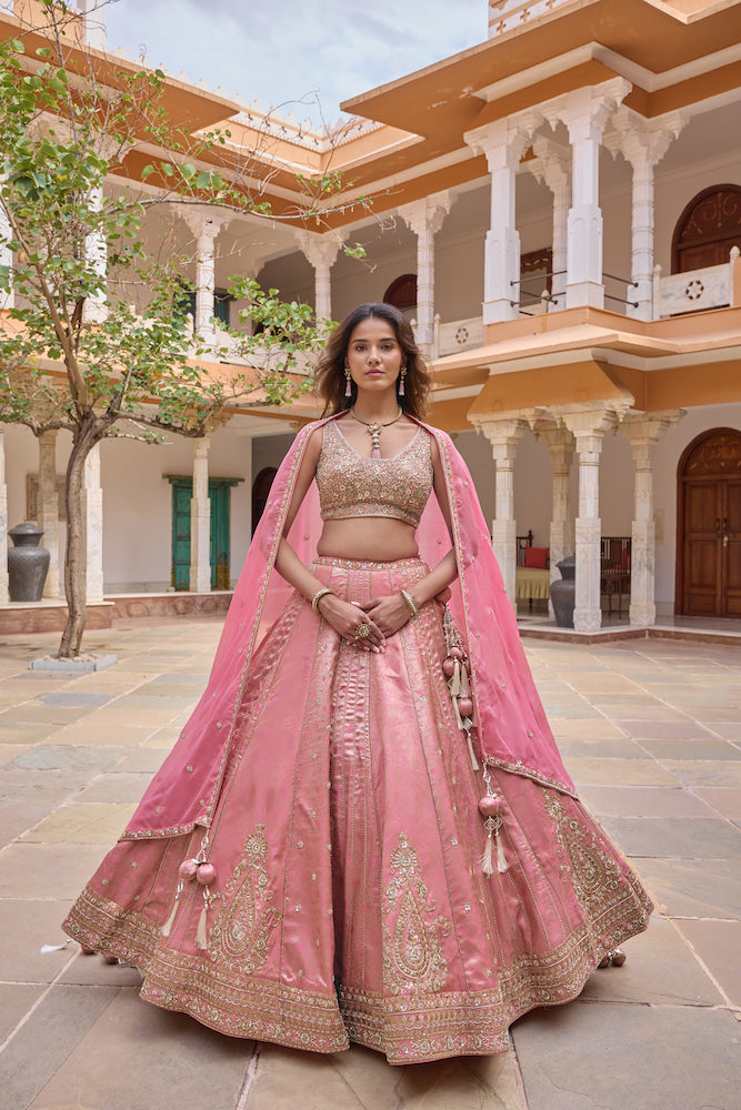 Blush Pink Lehenga Choli with Antique Gold Embroidery and Matching Dupatta