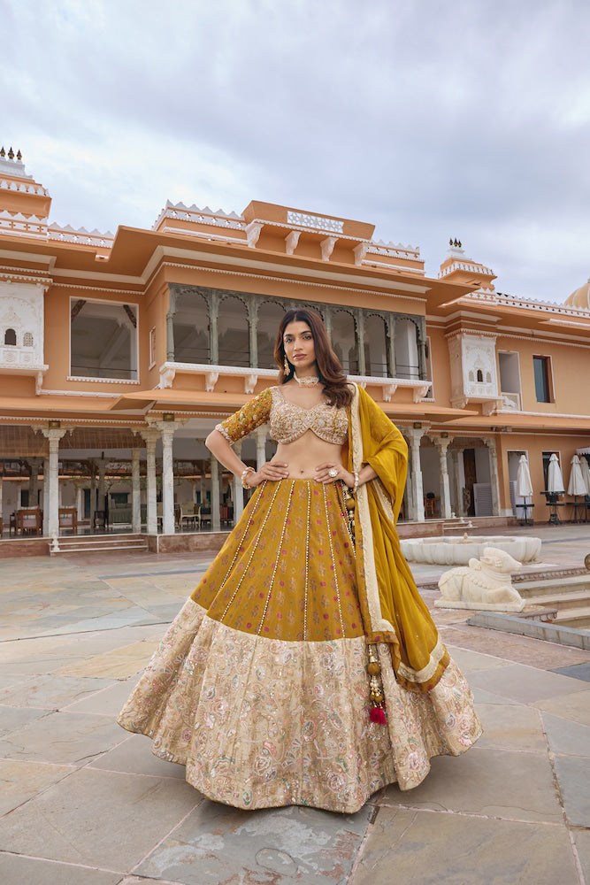 Mustard Yellow Embroidered Lehenga Choli Set with Gold Sequin Work and Intricate Floral Border