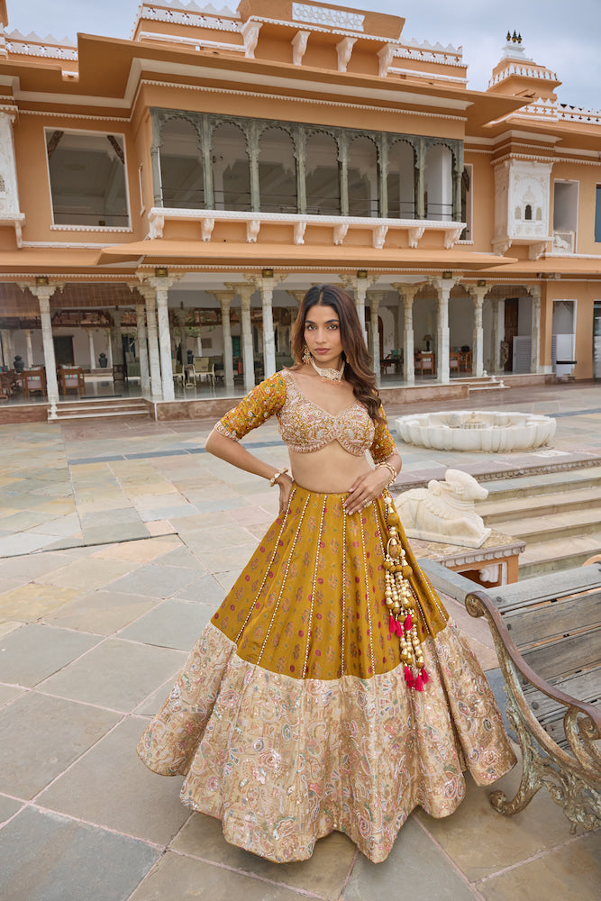 Mustard Yellow Embroidered Lehenga Choli Set with Gold Sequin Work and Intricate Floral Border