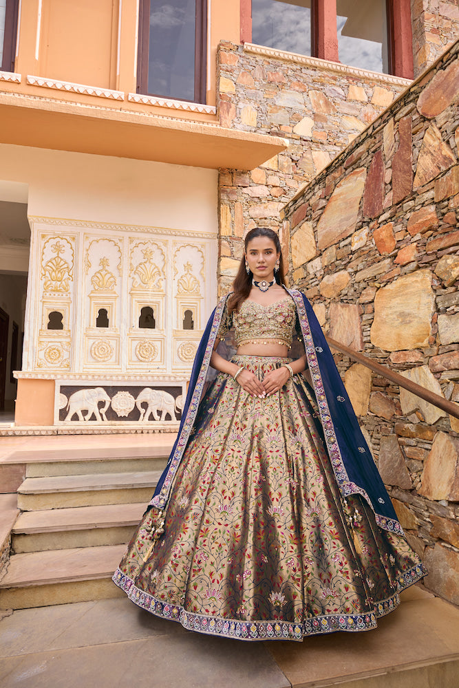 Beige Floral Lehenga Choli with Golden Embroidery and Navy Blue Dupatta