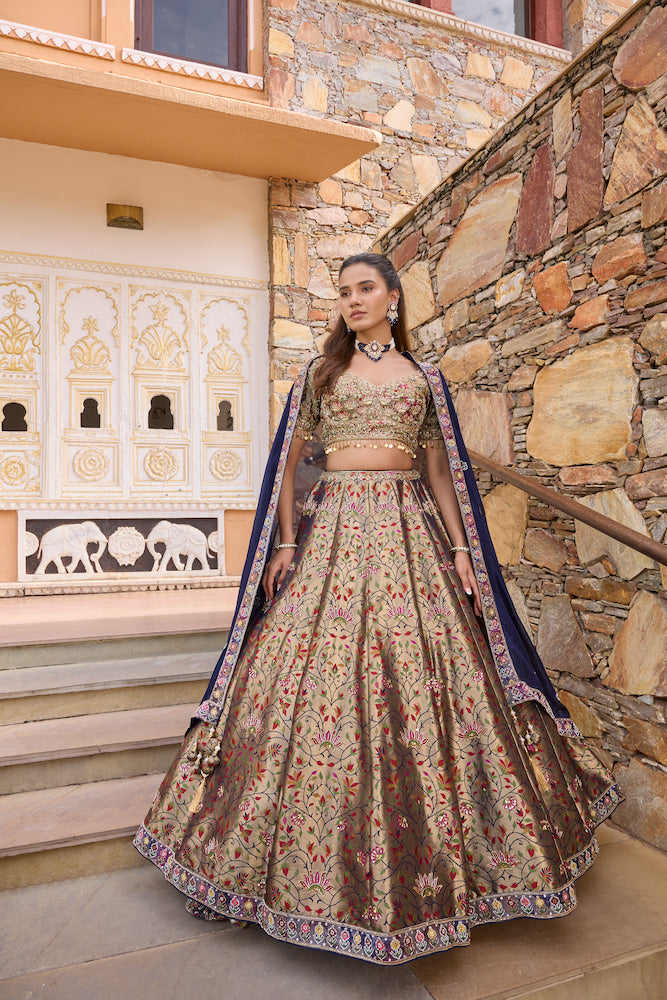 Beige Floral Lehenga Choli with Golden Embroidery and Navy Blue Dupatta