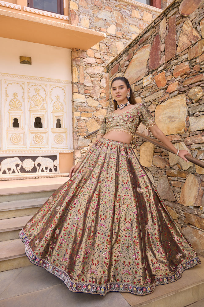 Beige Floral Lehenga Choli with Golden Embroidery and Navy Blue Dupatta