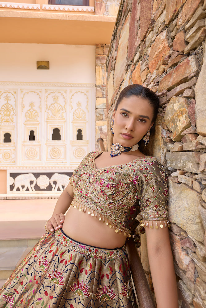 Beige Floral Lehenga Choli with Golden Embroidery and Navy Blue Dupatta