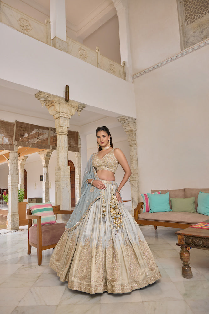 Pastel Grey Lehenga Choli Set with Intricate Gold Embroidery, Embellished Blouse