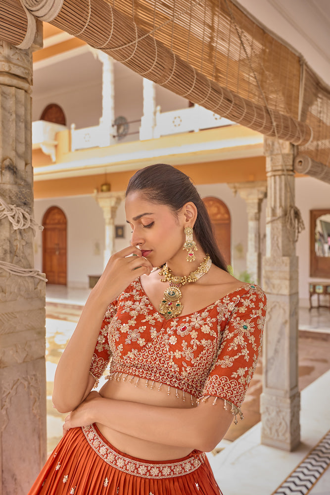 Rust Orange Lehenga Choli with Floral Embroidery and Intricate Multicolour Border