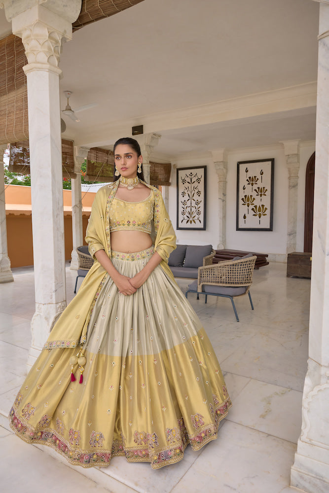 Pastel Yellow and Ivory Lehenga Choli Set with Multicolour Embroidery, Embellished Blouse
