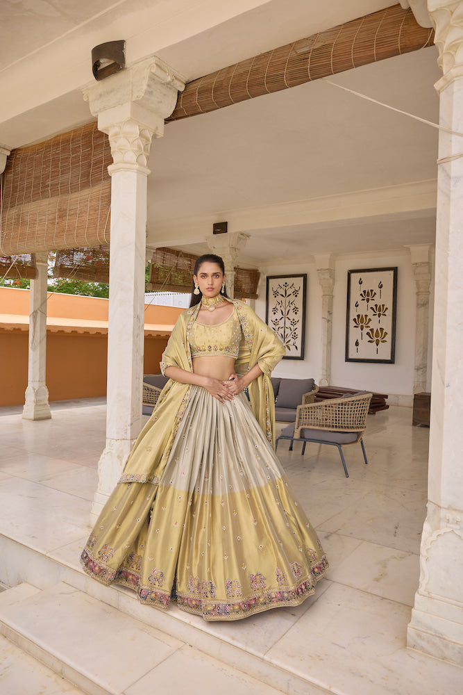 Pastel Yellow and Ivory Lehenga Choli Set with Multicolour Embroidery, Embellished Blouse
