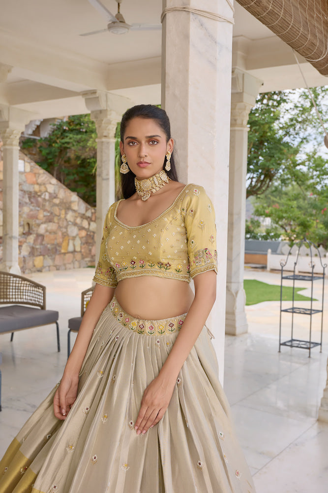 Pastel Yellow and Ivory Lehenga Choli Set with Multicolour Embroidery, Embellished Blouse