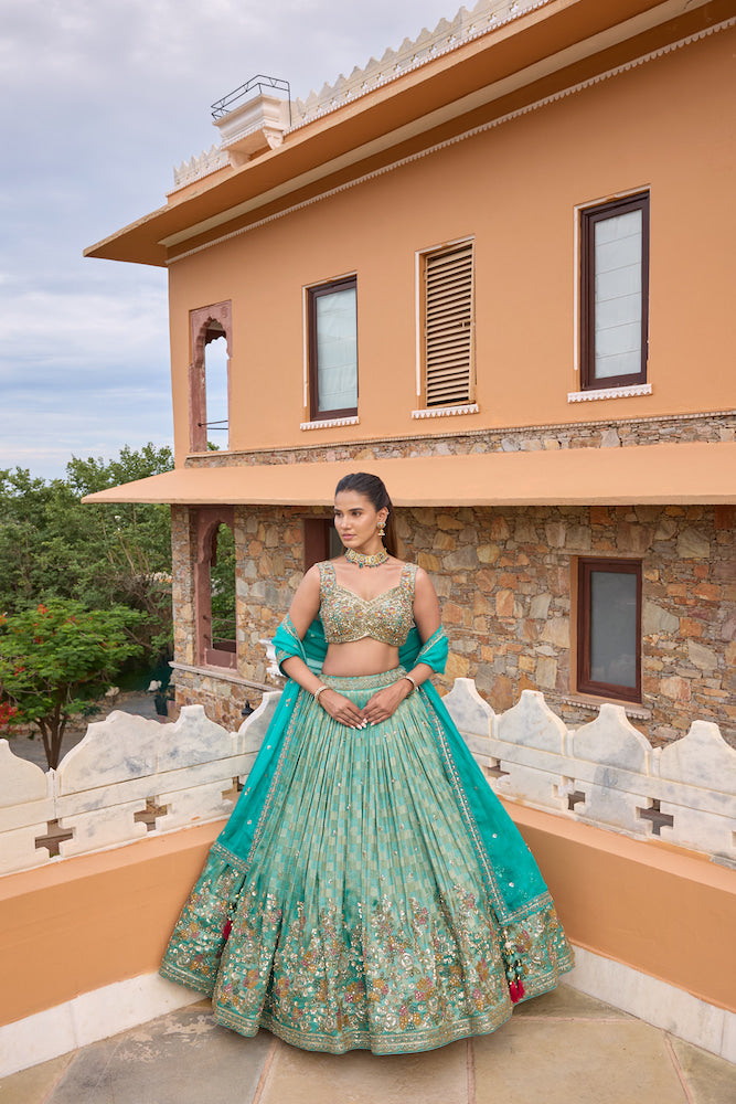 Sea Green Lehenga Choli with Golden Embroidery and Contrasting Turquoise Dupatta
