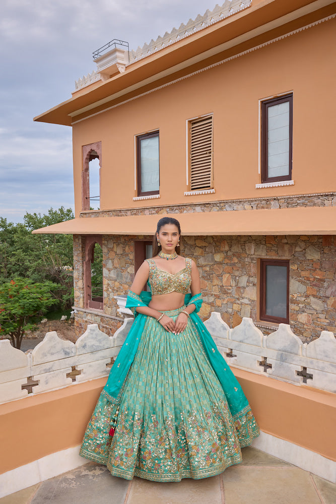 Sea Green Lehenga Choli with Golden Embroidery and Contrasting Turquoise Dupatta