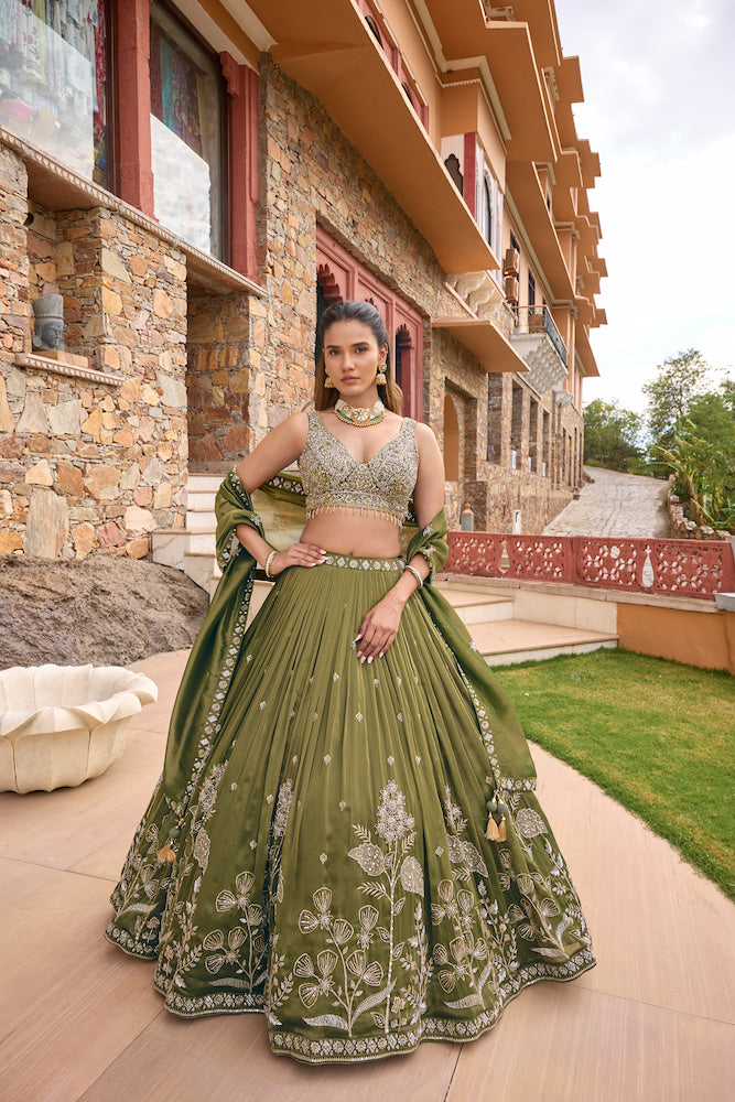 Olive Green Lehenga Choli Set with Intricate Floral Embroidery, Gold Embellished Blouse