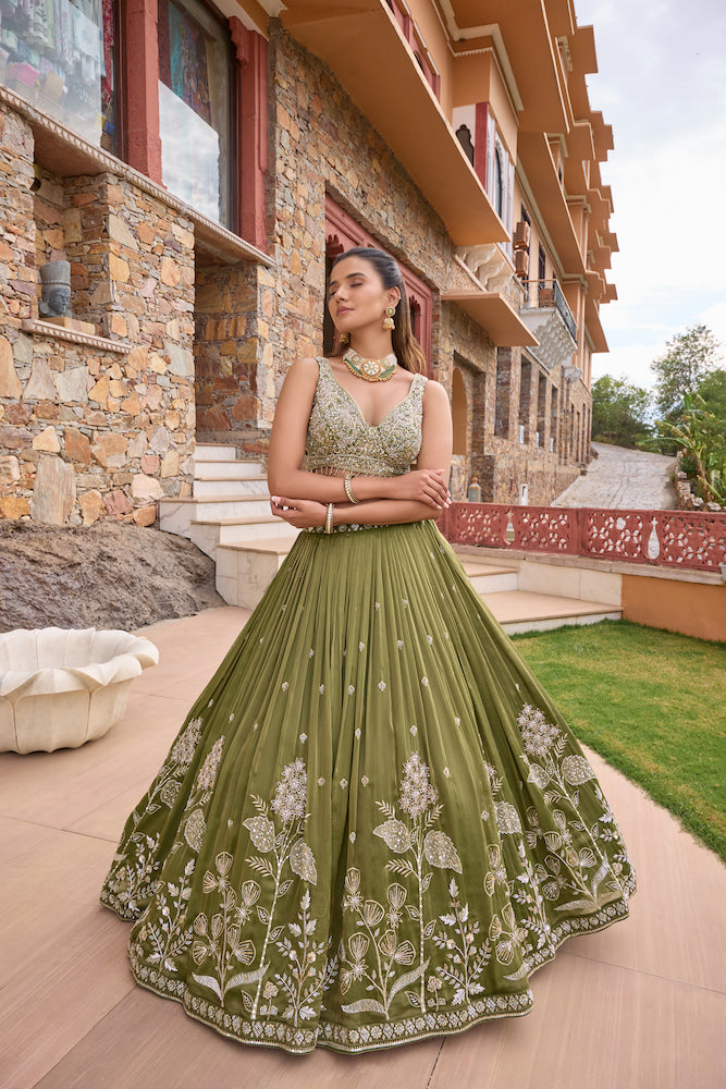 Olive Green Lehenga Choli Set with Intricate Floral Embroidery, Gold Embellished Blouse