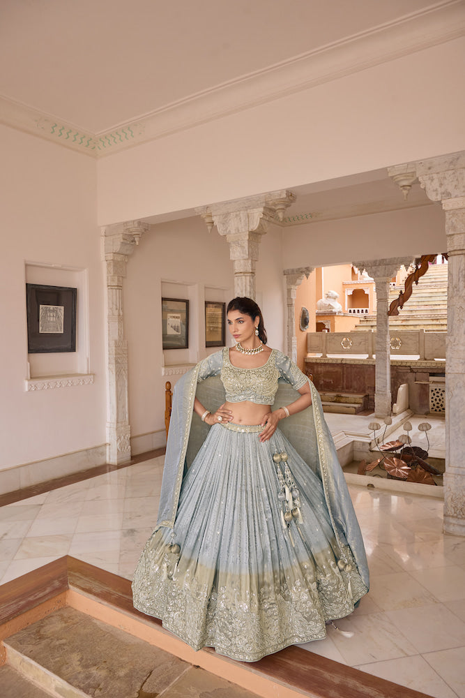 Pastel Blue Lehenga Choli Set with Silver Embroidery, Embellished Blouse