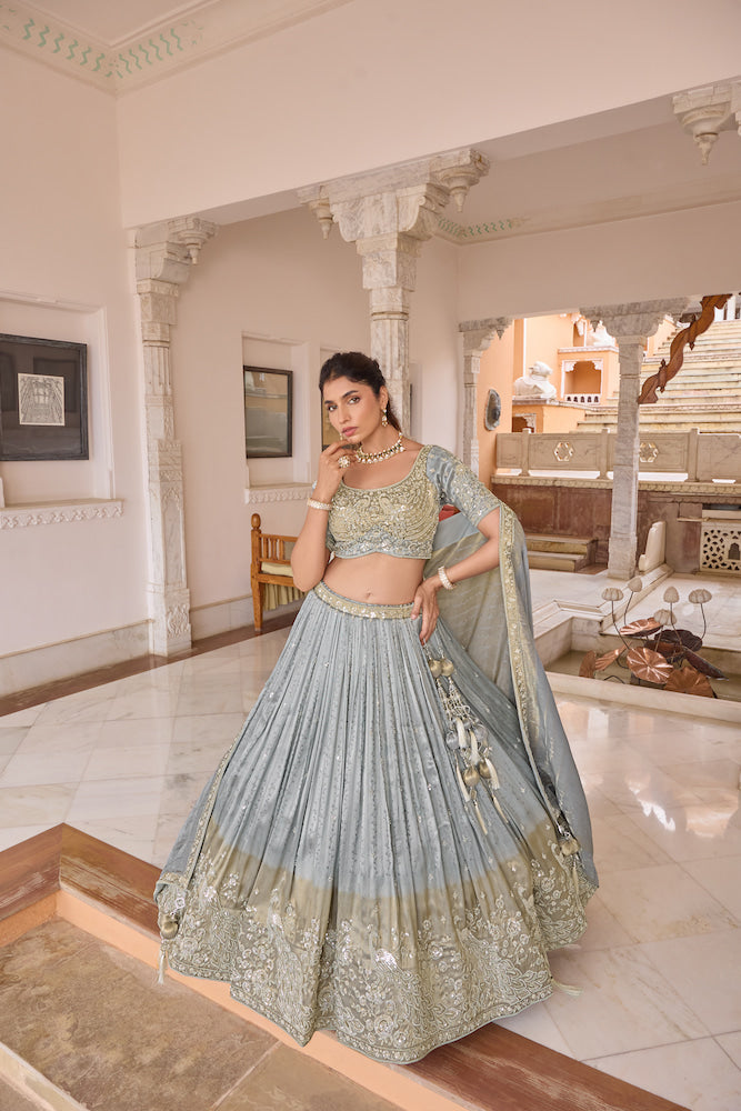 Pastel Blue Lehenga Choli Set with Silver Embroidery, Embellished Blouse