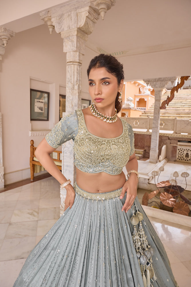 Pastel Blue Lehenga Choli Set with Silver Embroidery, Embellished Blouse